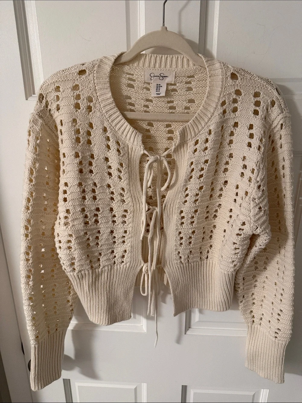 Jessica Simpson Cream Open Knit Tie-Front Cropped Cotton Blend Cardigan Medium